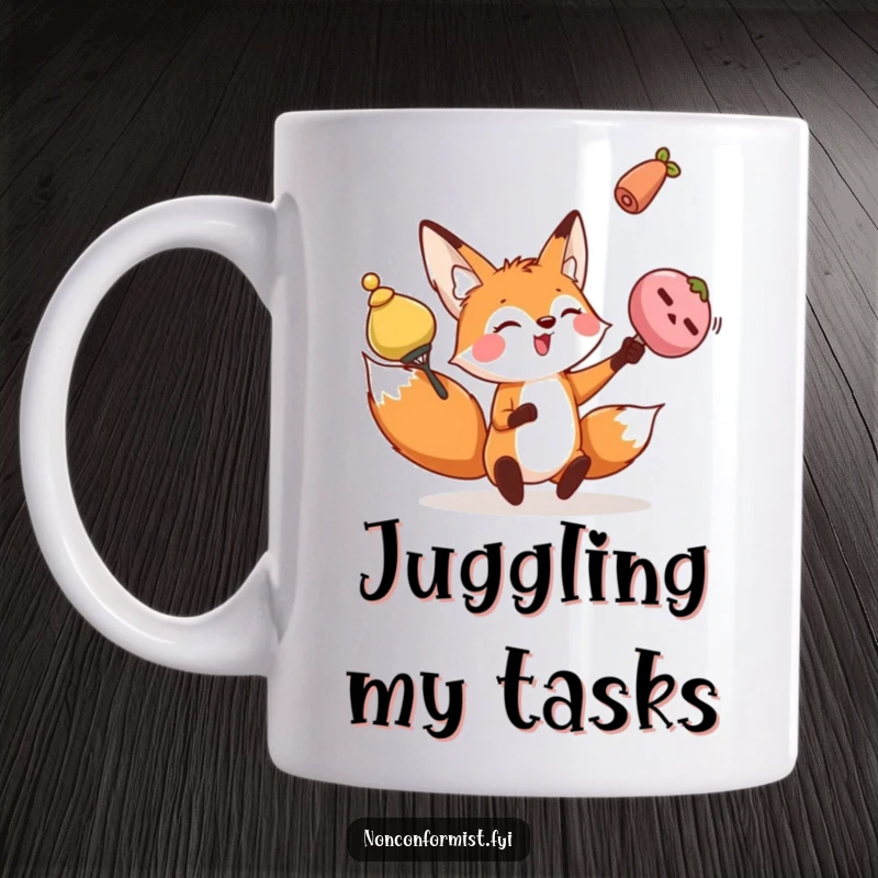 Funny fox mug featuring a playful character expertly juggling oddly shaped objects, showcasing skill and humor.