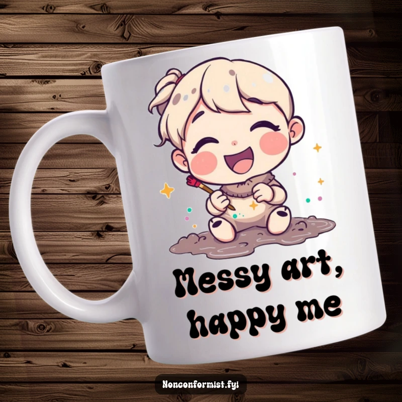 Funny Mug showcasing a joyful character looking pleased while making art with glitter and mud. A creative and funny gift.