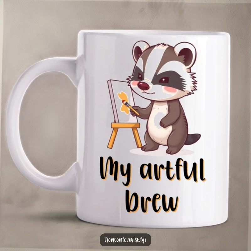 Funny badger character on a mug, with a determined look, painting a hilariously lopsided canvas with intense focus.