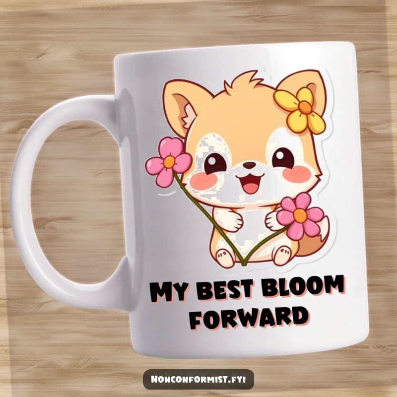Funny Mug: A small, cute animal character comically wearing a flower on its ear instead of its head, looking bewildered.