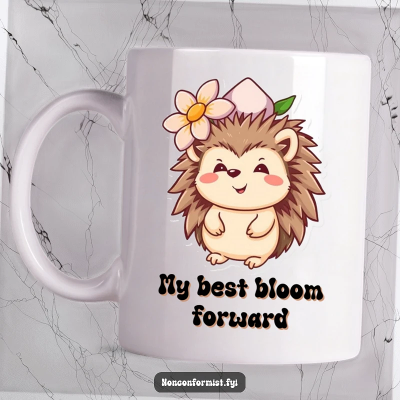 Funny hedgehog mug with a smiling face wearing an upside-down flower as a hat, looking cheerful and unique.