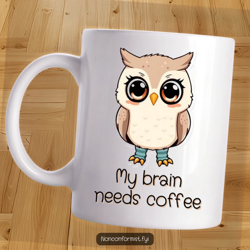 Funny owl mug with mismatched socks, looking confused and questioning, perfect for a quirky gift.