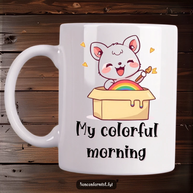Funny mug featuring a small animal joyfully painting a rainbow inside a cardboard box, symbolizing boundless creativity.