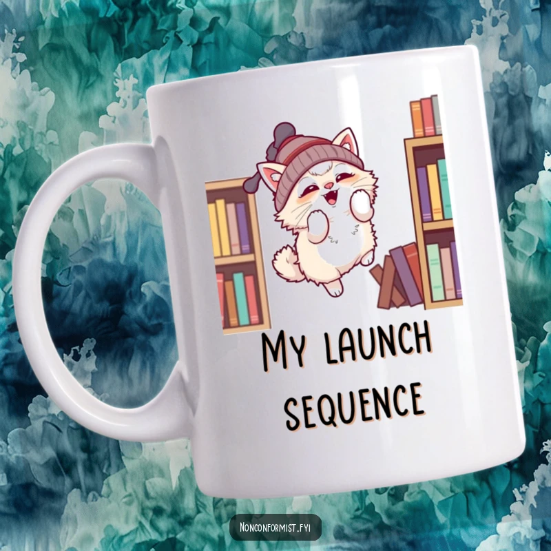 Funny mug showing a fluffy cat in a propeller beanie trying to fly from a bookshelf, a hilarious funny gift.