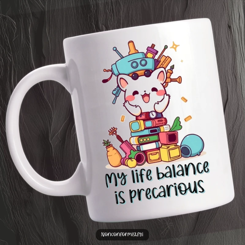 Funny mug with a small animal character enthusiastically building a wobbly tower of bizarre items, looking determined and joyful.