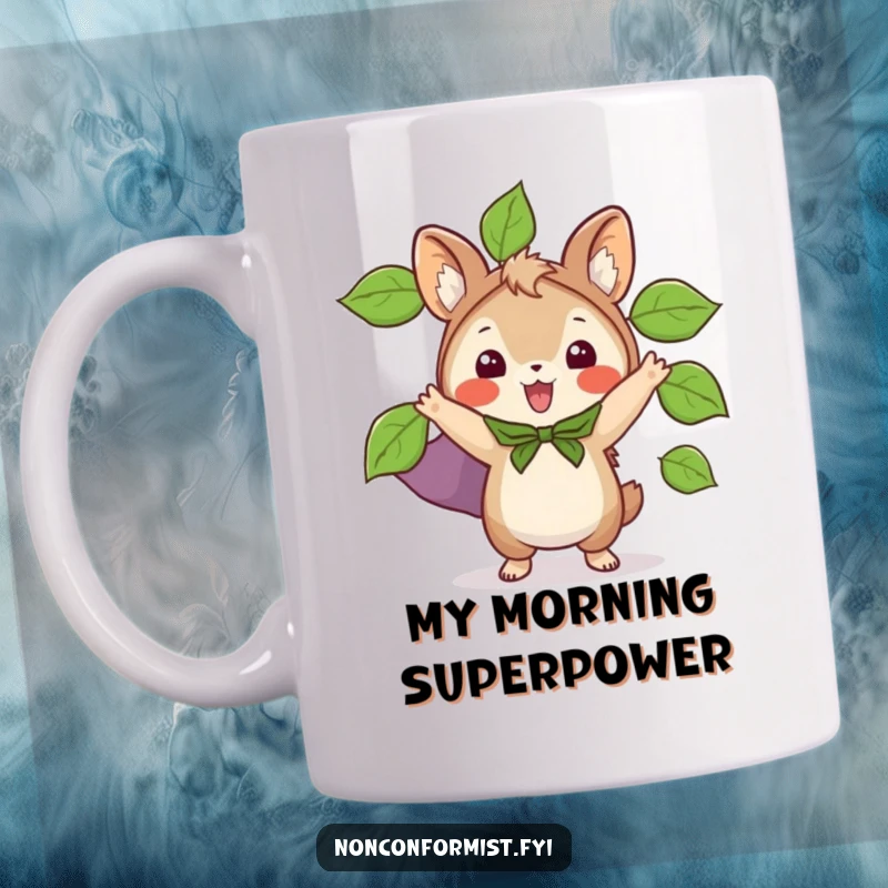 Funny mug with a small animal character excitedly wearing a homemade cape made entirely of vibrant green leaves, looking heroic.
