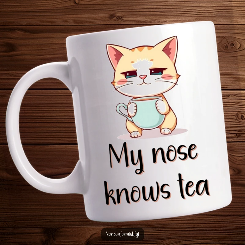 Funny Cat Mug: A quirky cat intensely balancing a teacup on its nose with a determined look, perfect for any cat lover.