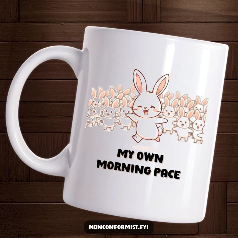 Funny rabbit mug featuring a joyful rabbit hopping away from a flock in the opposite direction.
