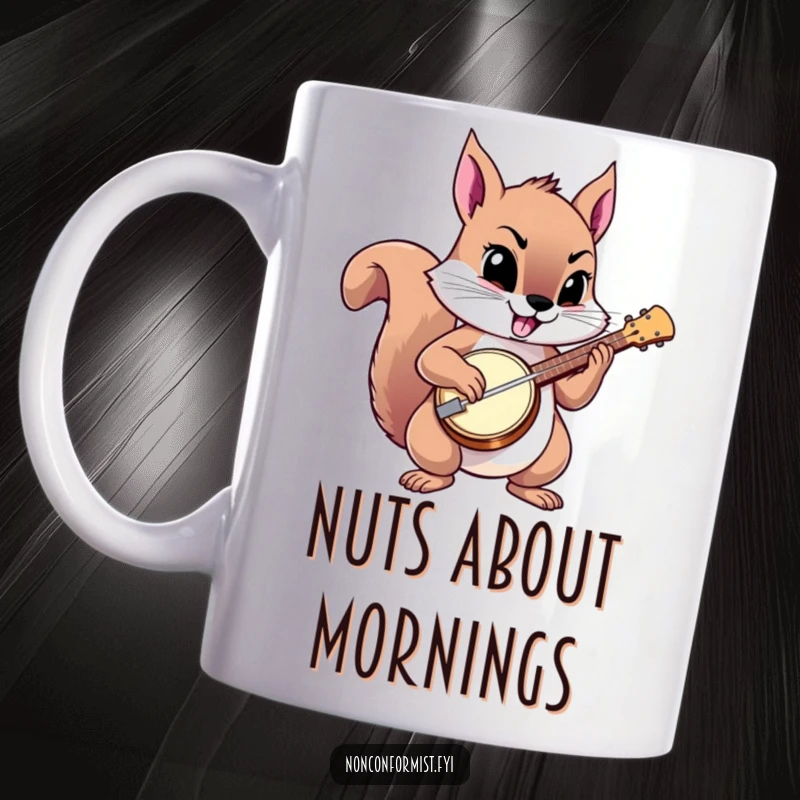 Funny squirrel mug featuring a squirrel playing a tiny banjo with a proudly defiant look.