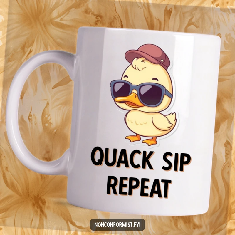 Funny Duck Mug: A cool duck sports oversized sunglasses and a jaunty cap, exuding humor, making it a perfect funny gift.