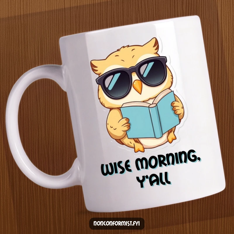 Funny mug featuring a cool owl in sunglasses reading a book upside down, exuding laid-back, quirky wisdom.