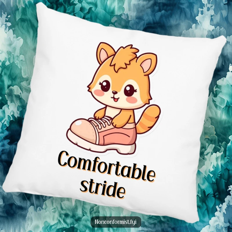 Funny pillow featuring a goofy giraffe character with a big smirk, sporting a single, massive oversized shoe.