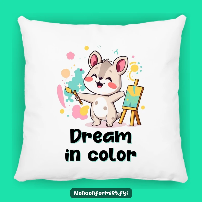 Cozy Funny Creative Animal Painting Pillow: Joyful Artist Comfort
