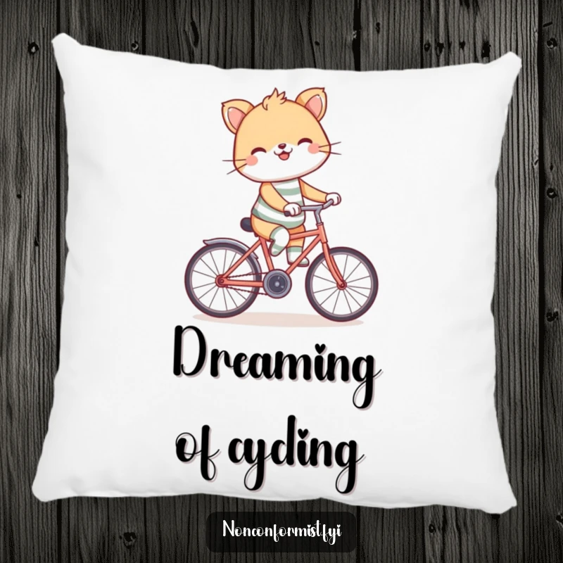 Funny backward bicycle pillow featuring a grinning animal in mismatched socks, riding a bike backwards with cheerful energy.