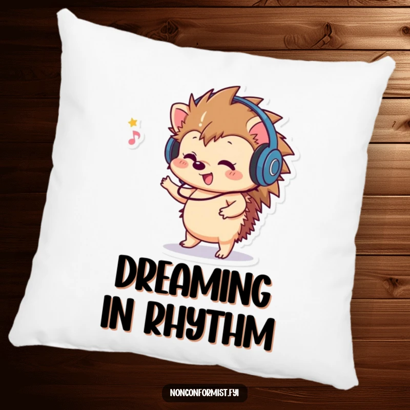 Funny Hedgehog Pillow: A playful hedgehog wearing headphones, dancing happily, offering humorous comfort and musical charm.