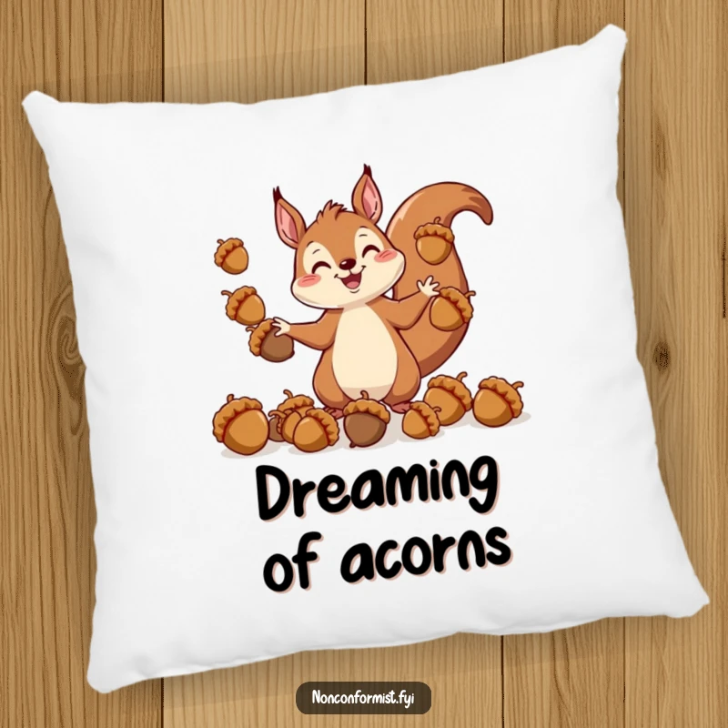 Funny pillow with a cheerful squirrel character in the act of juggling a motley crew of acorns, offering plush humor.