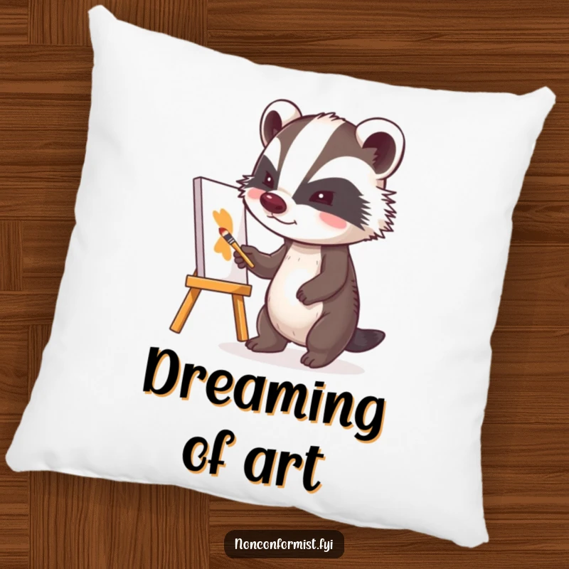 Funny badger character on a pillow, painting a lopsided canvas with a determined expression, offering comfort and inspiration.