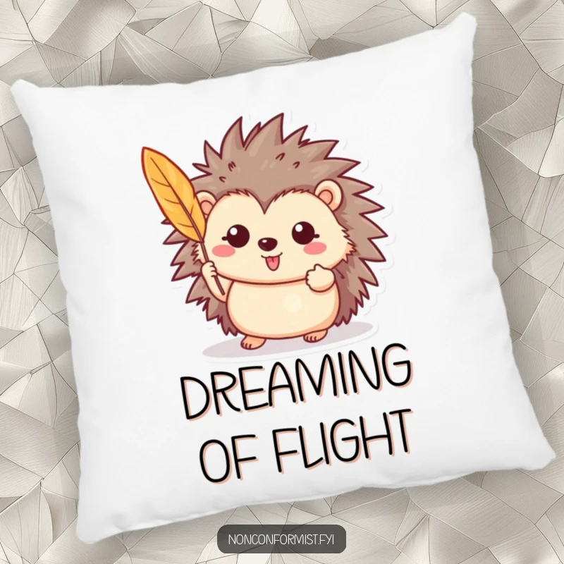 Funny pillow featuring a cheerful hedgehog character proudly holding a vibrant feather, bringing cozy pride indoors.