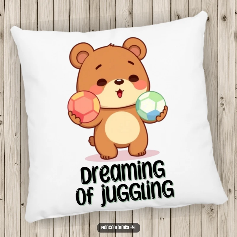 Cute bear character on a pillow, humorously juggling colorful balls, offering a blend of comfort and lighthearted fun.