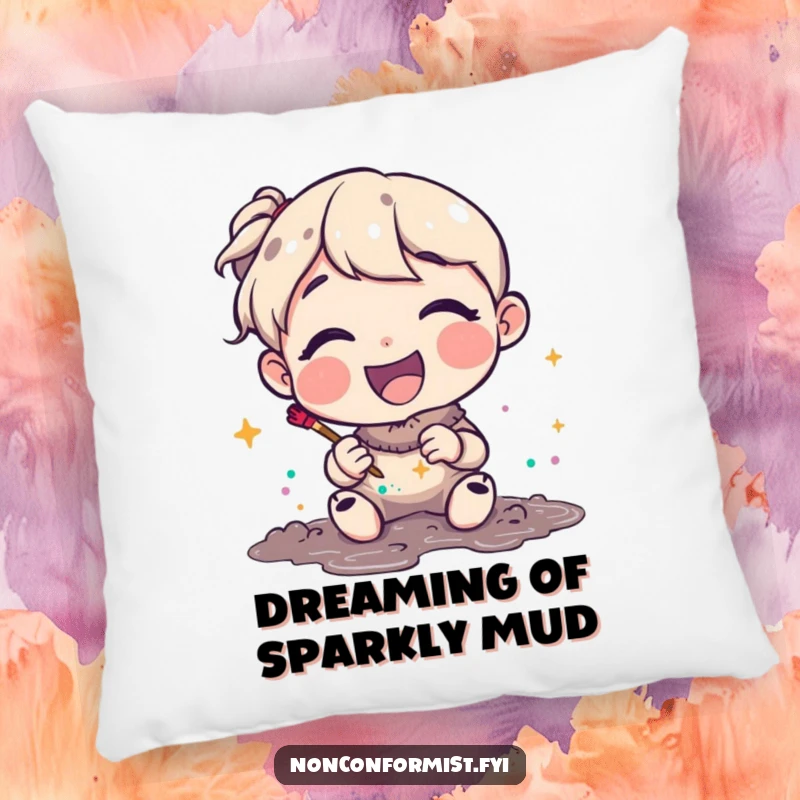 Funny Pillow showing a joyful character happily making art with glitter and mud. Comfortable and humorously designed funny gift.