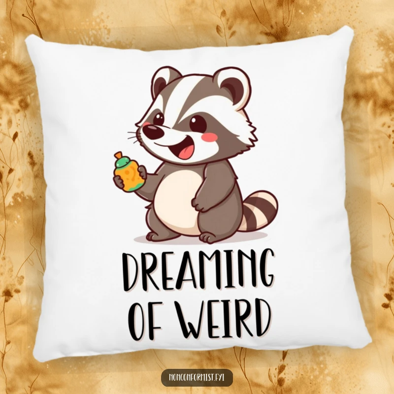 A soft, decorative pillow featuring a funny unique badger character in an excited bounce holding a brightly colored, unusual object.