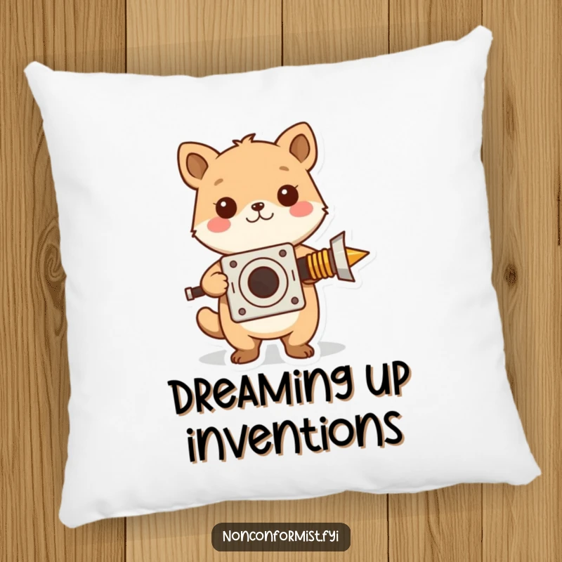 Funny pillow featuring a cute hedgehog character proudly presenting a bizarre, homemade invention, adding quirky comfort.