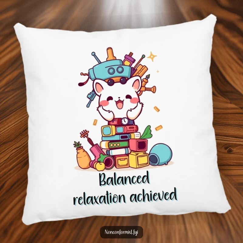 Funny pillow with a small animal character intensely focused on building a peculiar tower of miscellaneous objects, looking proud.
