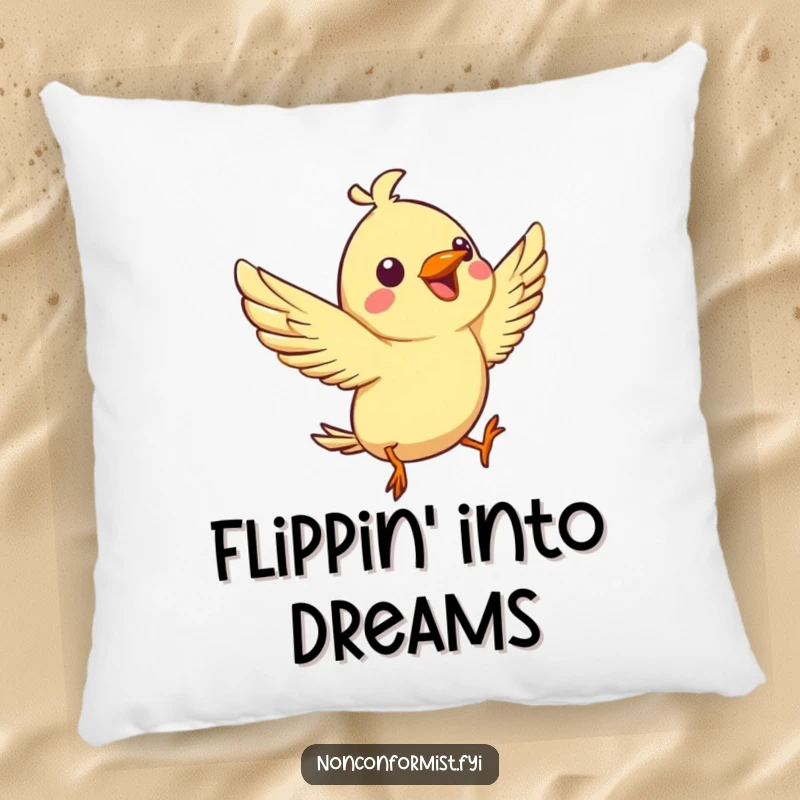 Funny pillow with a spirited bird character joyfully chirping while performing an aerial flip, soft and humorous home decor.