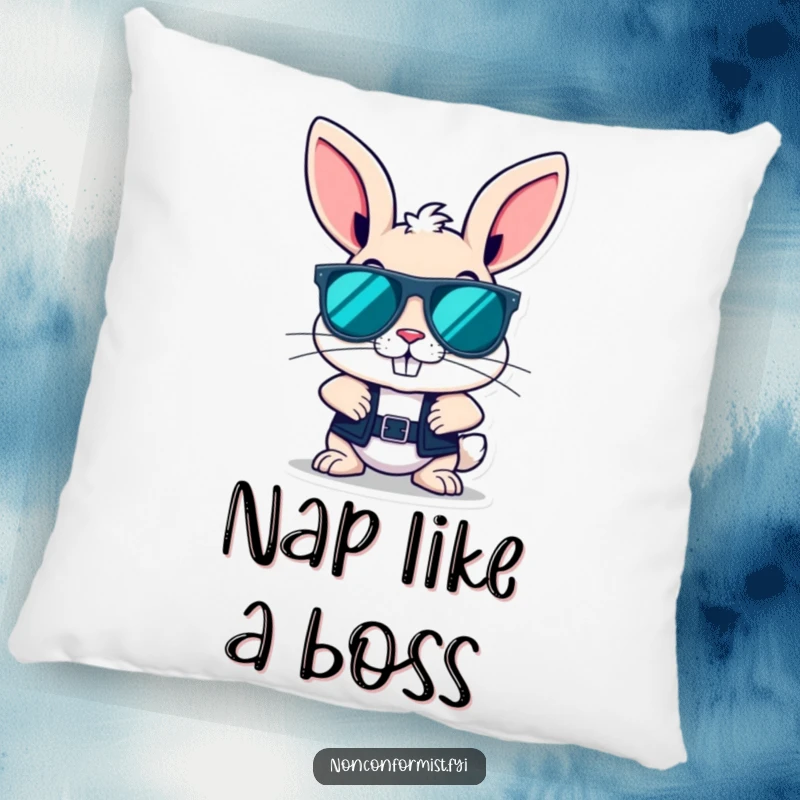 Funny bunny character wearing oversized sunglasses with a cool grin rests on this soft, decorative pillow.