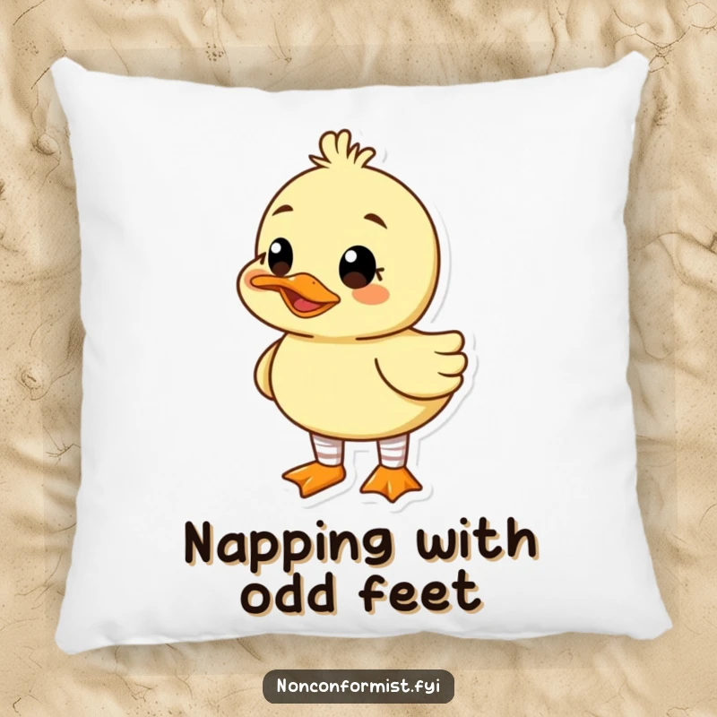 Funny pillow featuring a cute duck character wearing mismatched socks and a goofy grin, bringing comfort and cheerful humor.