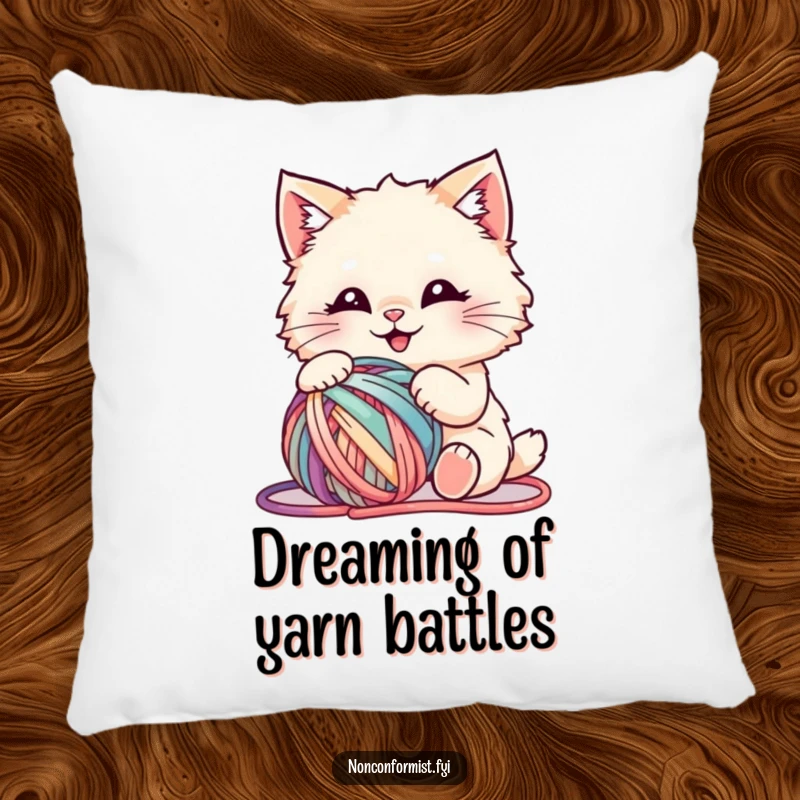 Funny pillow featuring a fluffy cat blissfully playing with a wild ball of colorful yarn, radiating pure happiness and mischief.