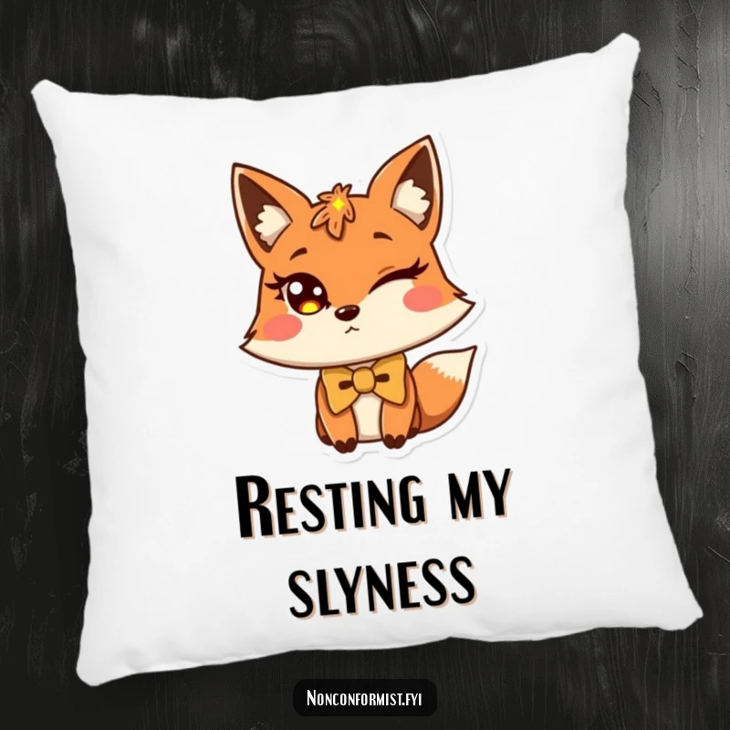 Funny fox pillow featuring a winking fox wearing a charmingly crooked bow tie.