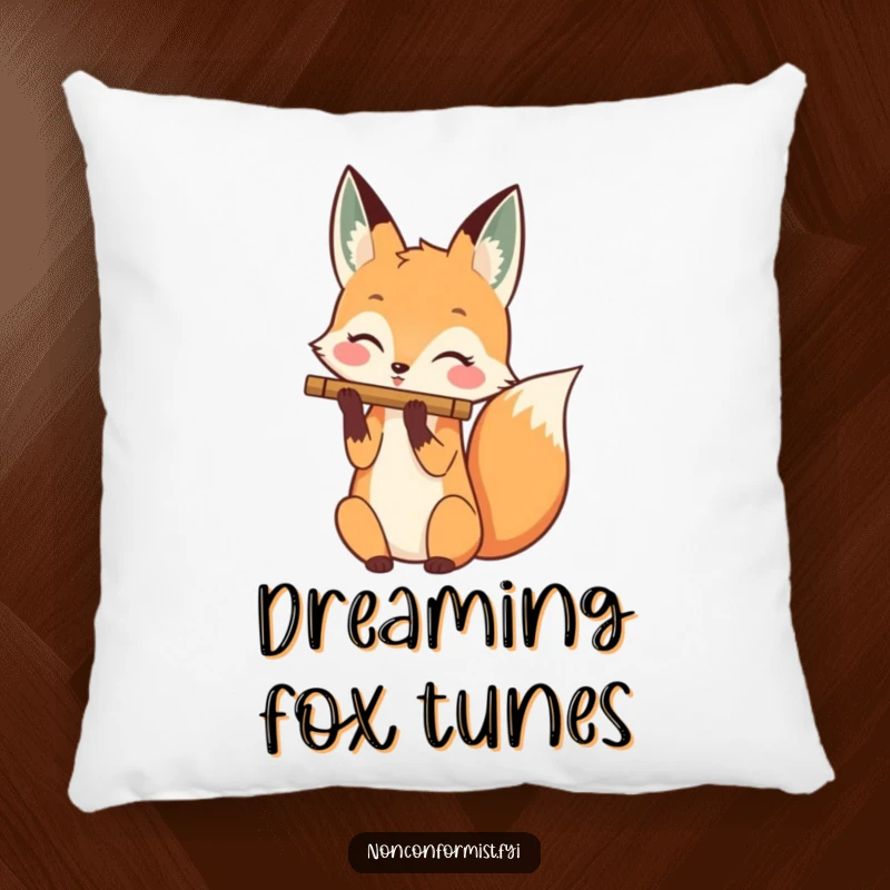 Funny pillow featuring a happy fox character playing a flute with its tail, adding musical charm to any room.