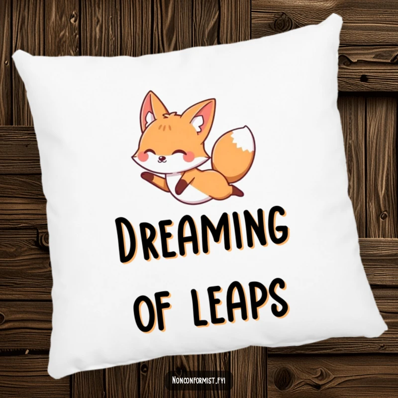 Funny fox character on a pillow, joyfully leaping over a straight line, offering comfort and a symbol of freedom.