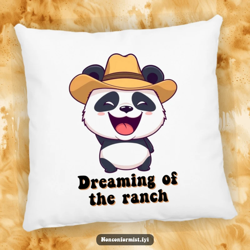 Funny panda character wearing a cowboy hat and roaring playfully, featured on a soft pillow for cozy and funny relaxation.