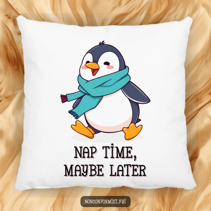 Soft pillow featuring a funny penguin with a colorful scarf, hilariously mid-trip, comfort decor.