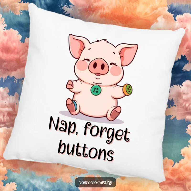 Funny Pig Pillow: A pig juggles tiny mismatched buttons, bringing humor and comfort to this decorative and fun pillow.