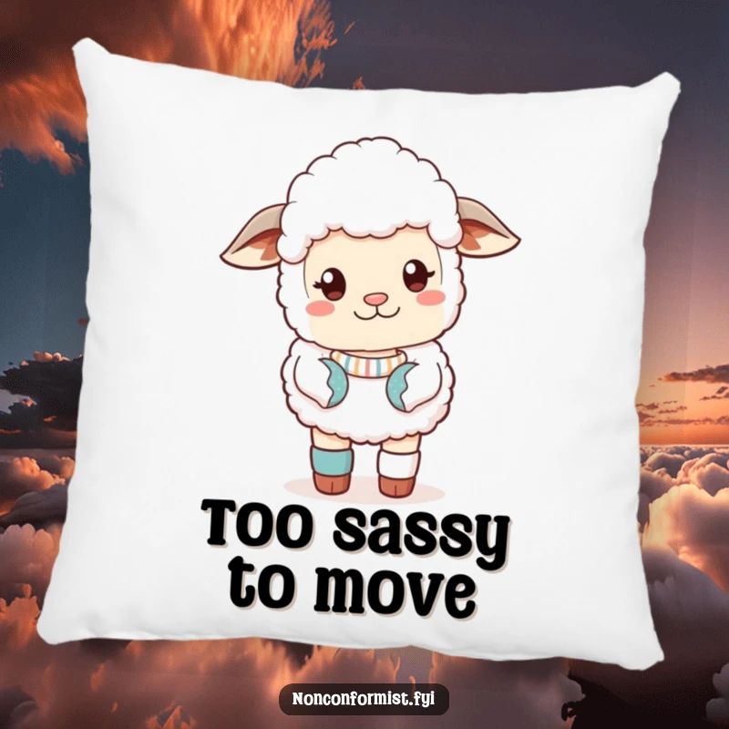 Funny Pillow featuring a cute sheep in a sassy pose, wearing mismatched socks, perfect for adding character and comfort.