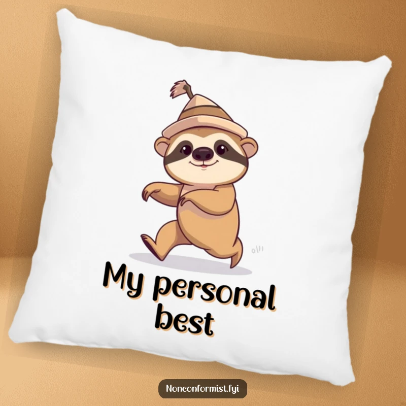 Soft pillow featuring a funny sloth with a wonky hat, comically speed walking, comfort item.