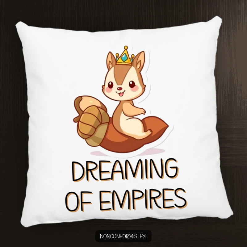 Funny pillow with a mischievous squirrel king on a rolling acorn, a plush touch of royal humor.