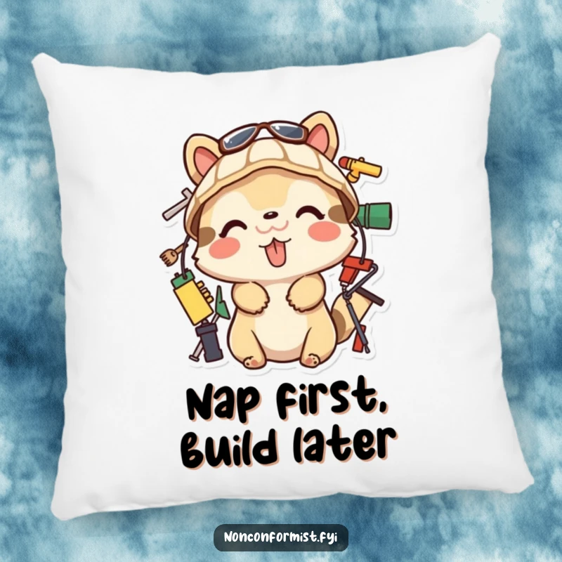 Funny Pillow depicting a playful animal with its tongue out, building with various items. A soft and humorous funny gift.