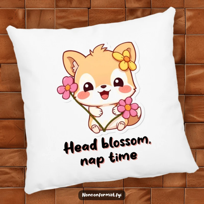Funny Pillow: A cute animal character comically wearing a flower on its ear, soft and squishy for maximum humorous comfort.