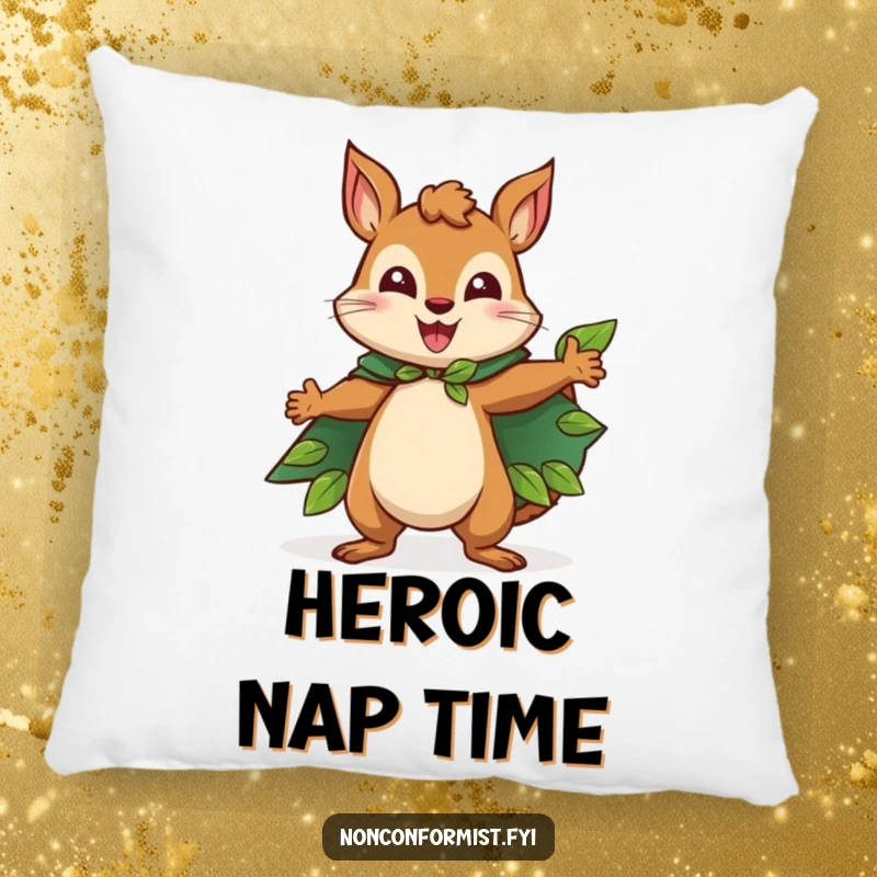 Funny Squirrel Pillow featuring a happy squirrel character wearing a cape made of leaves, striking a heroic pose, offering a humorous and comfortable accent.