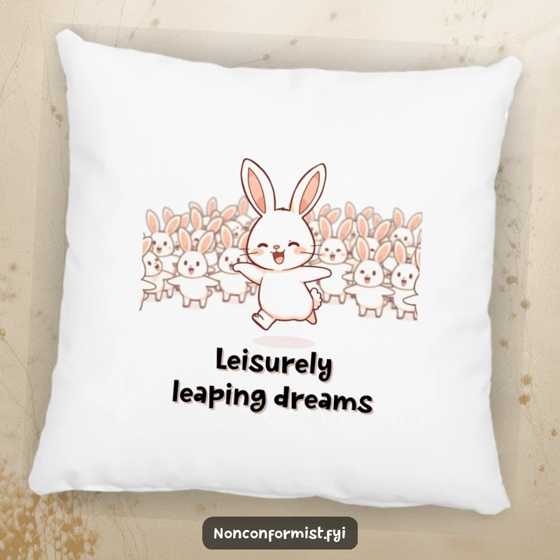Funny rabbit pillow featuring a joyful rabbit hopping away from a group, symbolizing independence.