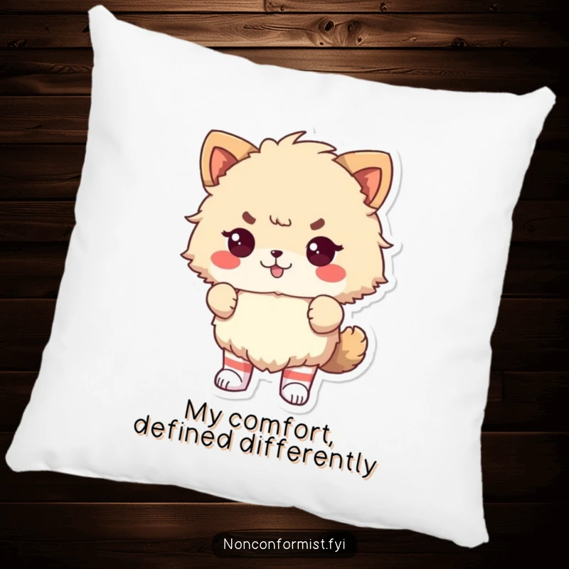 Funny Pillow: Fluffy animal wearing odd socks, looking defiantly proud, adding humorous comfort.