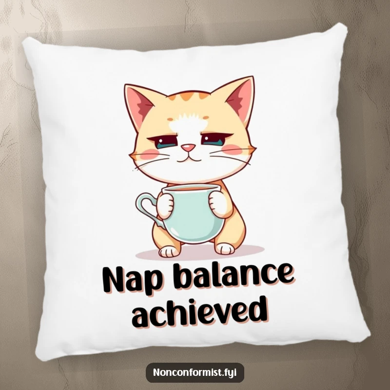 Funny Cat Pillow: A quirky cat balancing a teacup on its nose with extreme focus, a humorous and soft decor item.