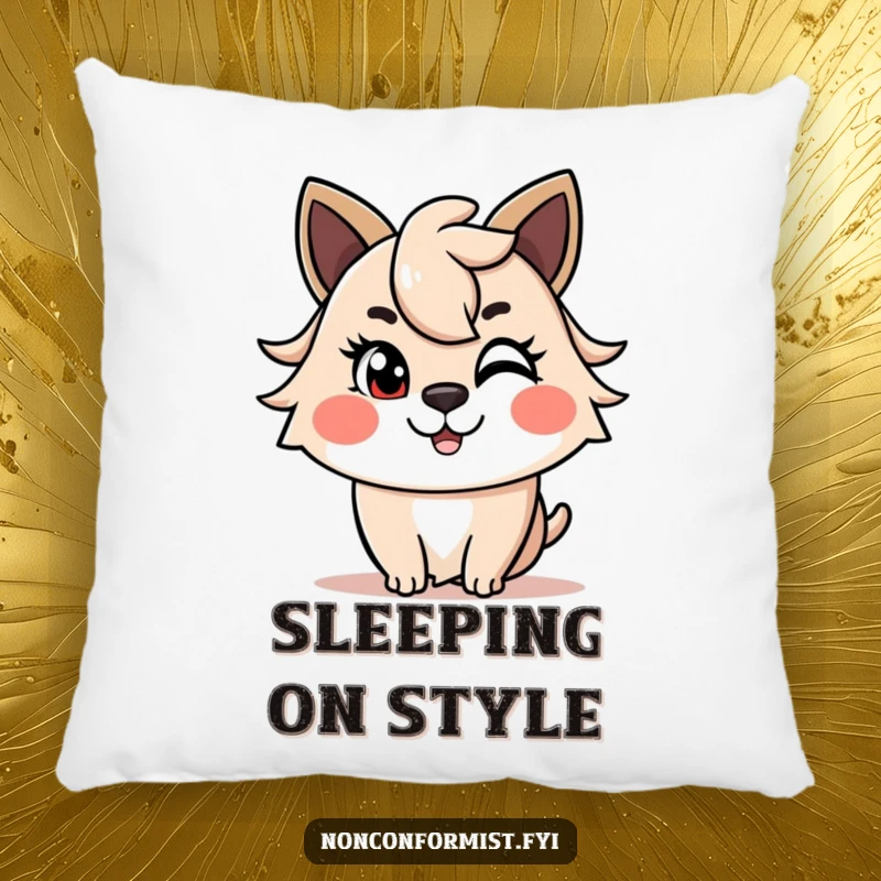 Funny Pillow showing a cheerful animal winking with a cool, asymmetrical haircut. Comfortable and humorously styled funny gift.