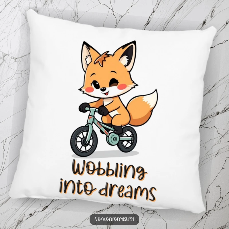 A soft, decorative pillow featuring a funny quirky fox with a playful smirk riding a tiny, patched-up unicycle.