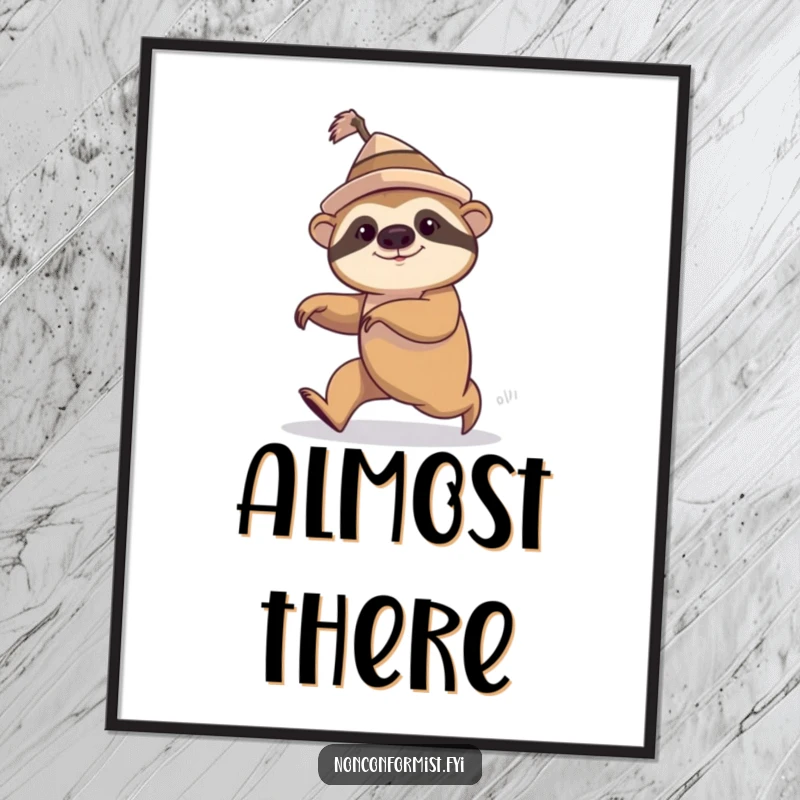 Funny sloth wearing a lopsided hat, comically attempting speed walk, digital art print.