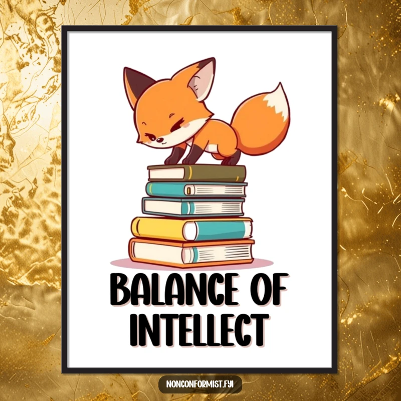 Funny digital art print of a determined fox character balancing on a teetering stack of books, symbolizing effort.